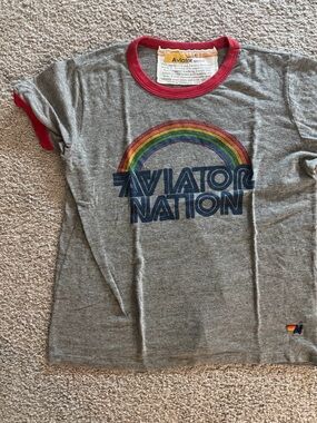 Aviator Nation Kids Gray Tee with Rainbow Graphic and Red Trim